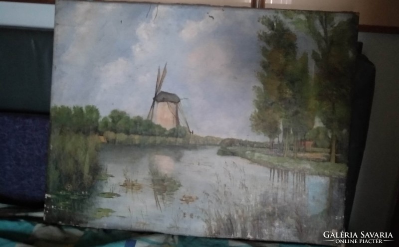 Windmill, antique oil painting, stretched on a frame, negotiable