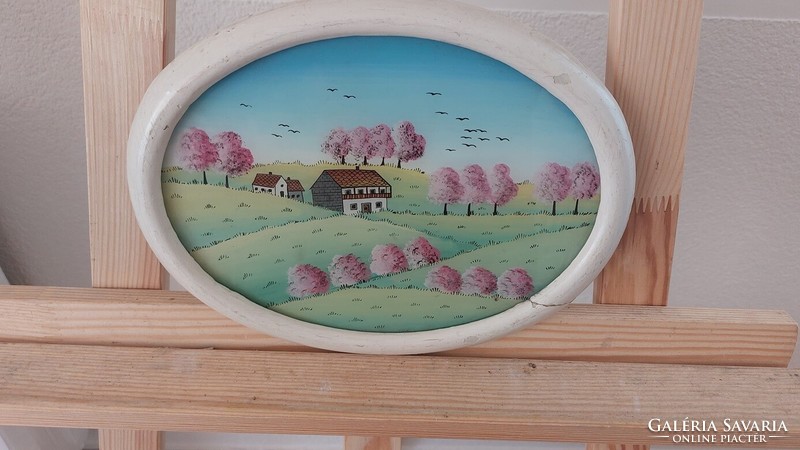 (K) Szép naív stílusú üvegfestmény 26x20 cm kerettel