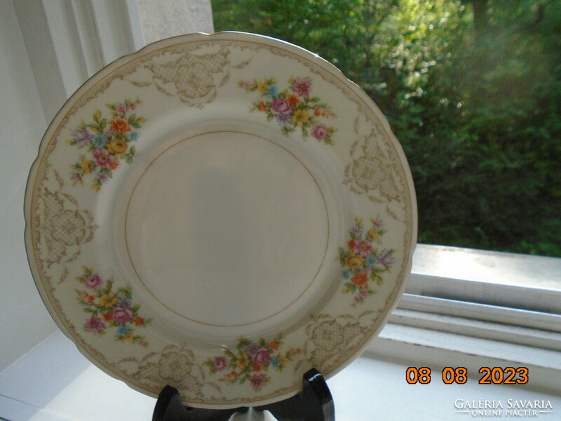 Antique colorful flower bouquet and baroque rosary enamel grid pattern marked cake plate