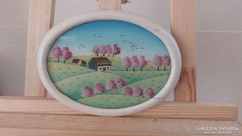 (K) Szép naív stílusú üvegfestmény 26x20 cm kerettel