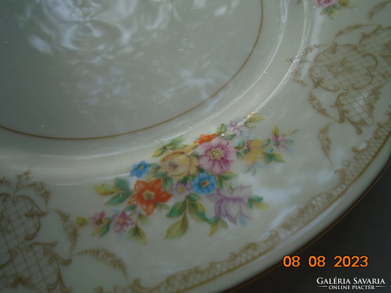 Antique colorful flower bouquet and baroque rosary enamel grid pattern marked cake plate