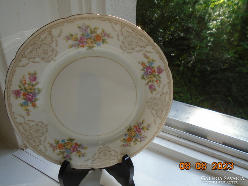 Antique colorful flower bouquet and baroque rosary enamel grid pattern marked cake plate