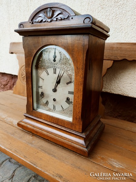 Large, quarter-strike, antique working Biedermeier mantel clock with engraved silver-plated dial