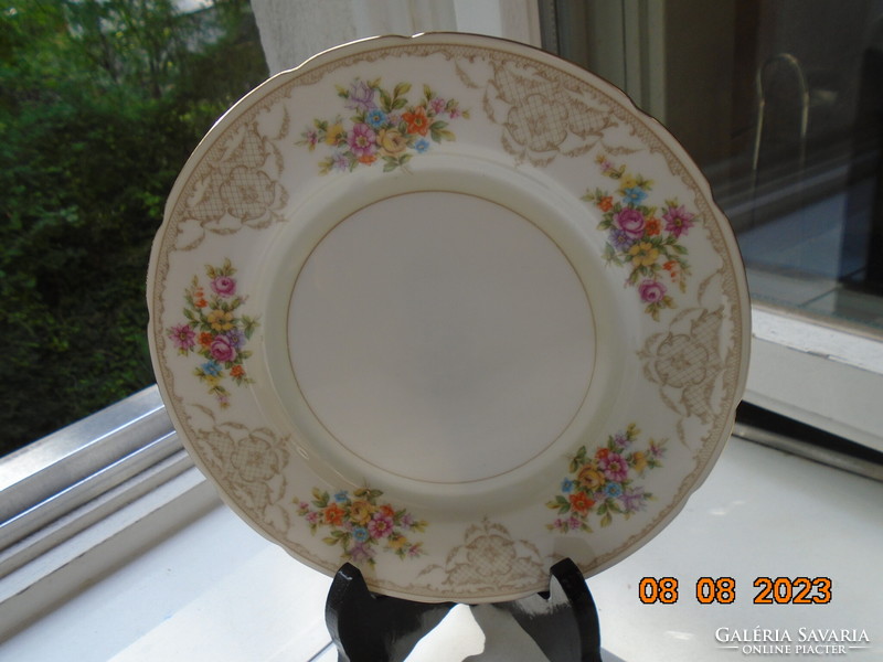 Antique colorful flower bouquet and baroque rosary enamel grid pattern marked cake plate