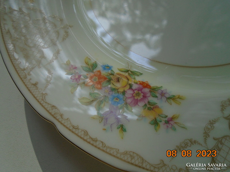 Antique colorful flower bouquet and baroque rosary enamel grid pattern marked cake plate