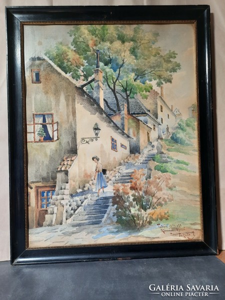 Tibai Takáts Jenő: Kőmíves lépcső, Tabán 1924 - eredeti jelzett akvarell - Tibai Takács