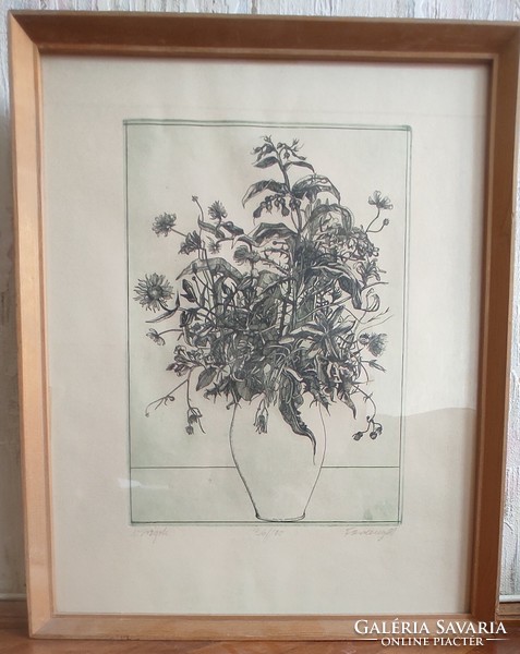 Flowers, a picture made with the etching paper technique, in a wooden frame.