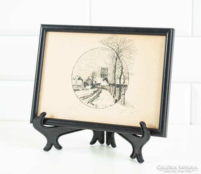 Winter landscape with a small village - framed etching, under glass