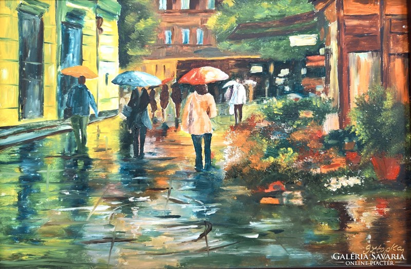 Anna Sstopka: town section in the rain - painting