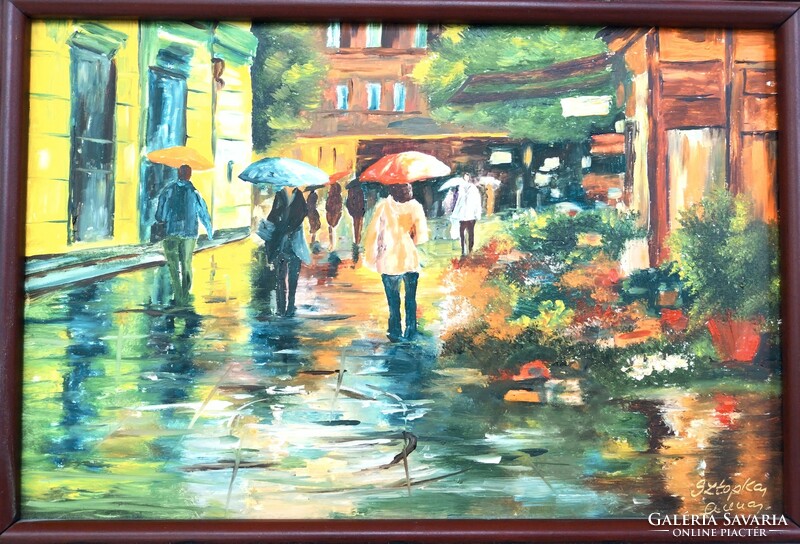 Sztopka Anna: Városrészlet esőben - festmény