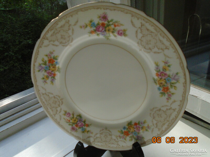 Antique colorful flower bouquet and baroque rosary enamel grid pattern marked cake plate