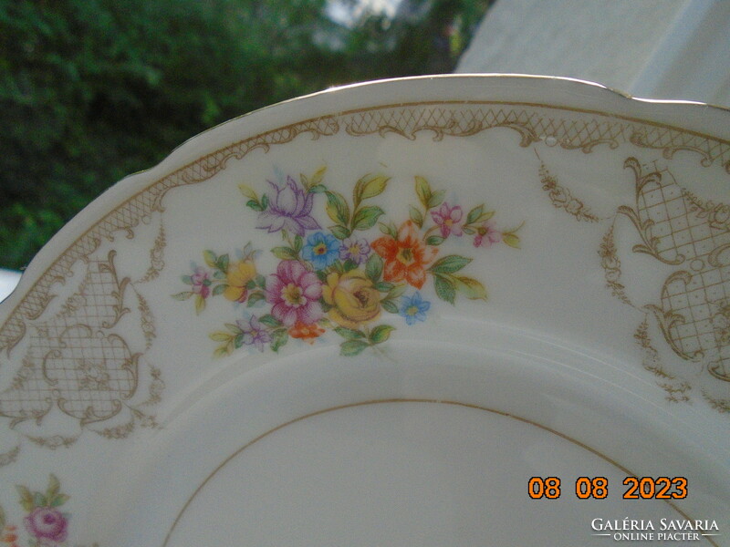 Antique colorful flower bouquet and baroque rosary enamel grid pattern marked cake plate