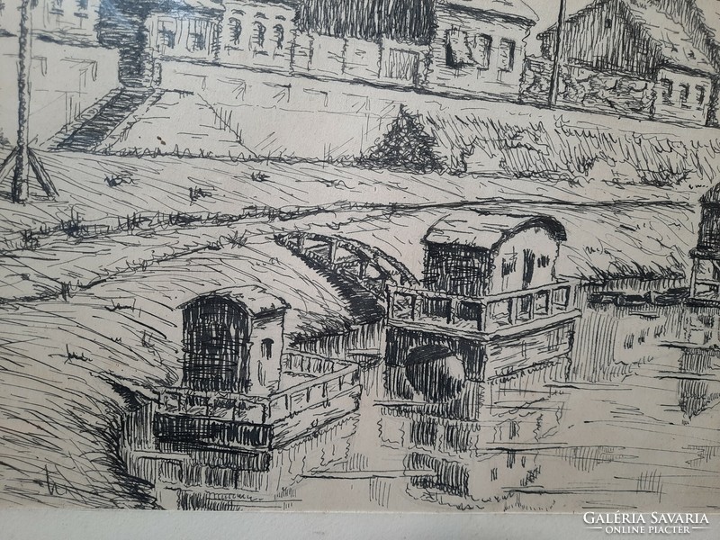 Béla Müller: waterfront, original marked ink drawing