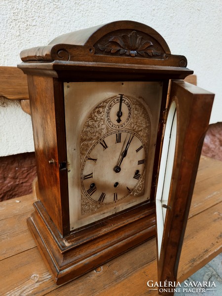 Large, quarter-strike, antique working Biedermeier mantel clock with engraved silver-plated dial