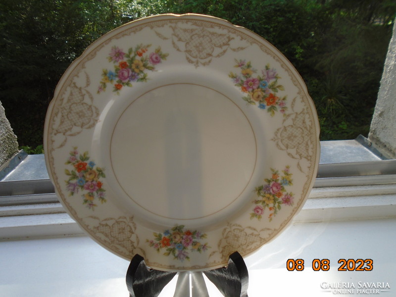 Antique colorful flower bouquet and baroque rosary enamel grid pattern marked cake plate