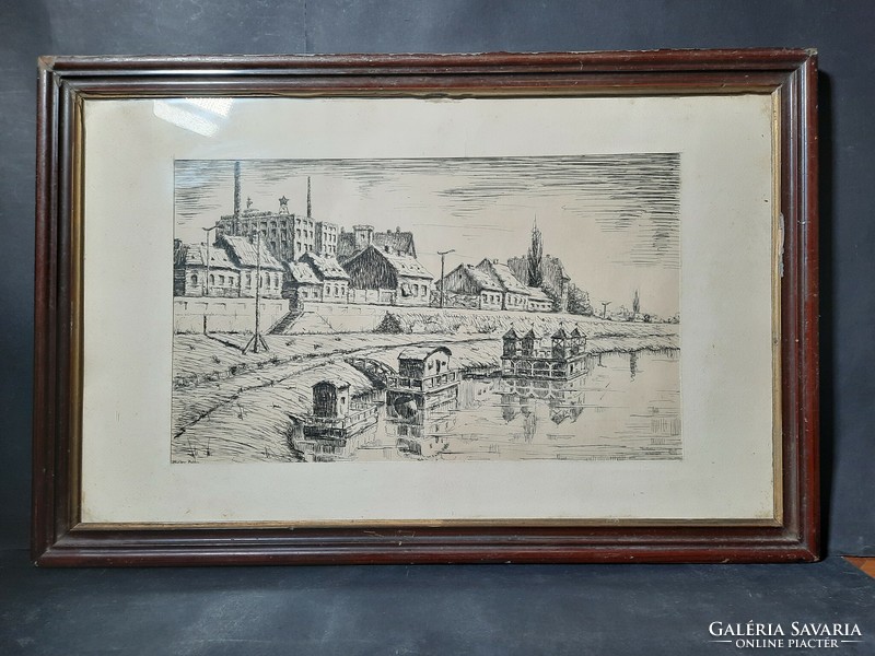 Béla Müller: waterfront, original marked ink drawing