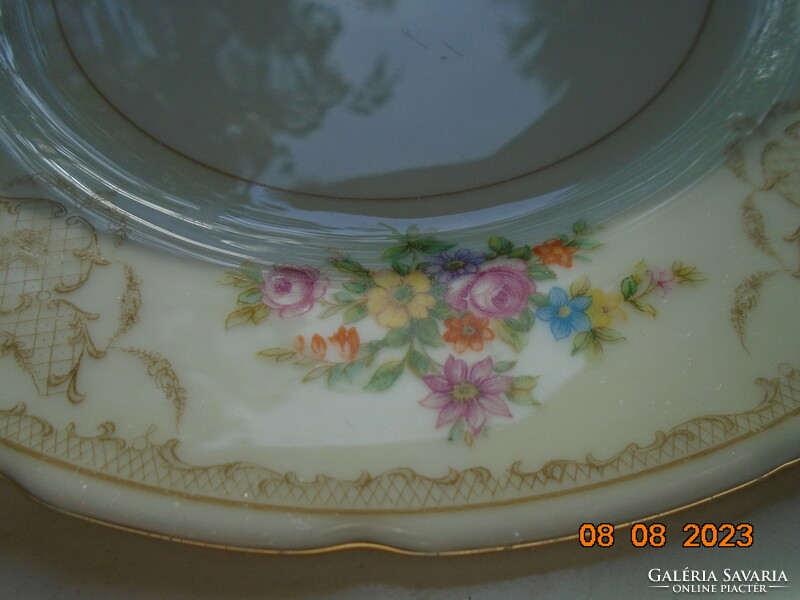 Antique colorful flower bouquet and baroque rosary enamel grid pattern marked cake plate