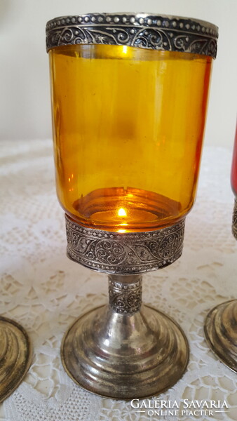 Tinted glass, engraved metal tea light, candle holder