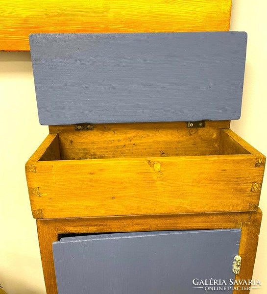 Small wall-mounted wooden storage box, blue/brown with opening top