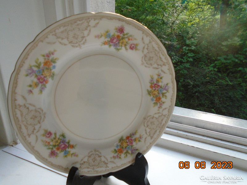 Antique colorful flower bouquet and baroque rosary enamel grid pattern marked cake plate