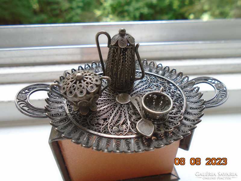 Filigrán antik  ezüst miniatűr teás készlet