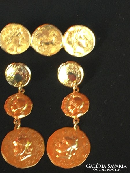 Gold Plated - Roman - Antique Jewelry Replica - Brooch and Pair of Earrings - Quality Pieces