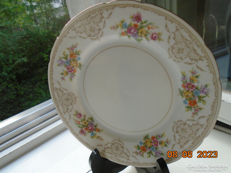 Antique colorful flower bouquet and baroque rosary enamel grid pattern marked cake plate