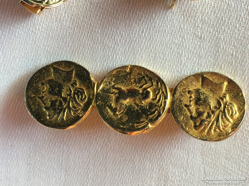 Gold Plated - Roman - Antique Jewelry Replica - Brooch and Pair of Earrings - Quality Pieces