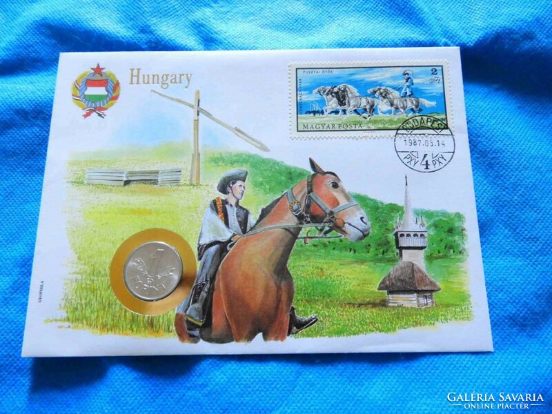 1987 magyar érmés boríték Hortobágy csikós 2 Ft-os bélyeggel RITKA!