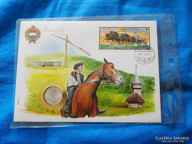 1987 Hungarian coin envelope with hortobágy colt 4 foot stamp rare!