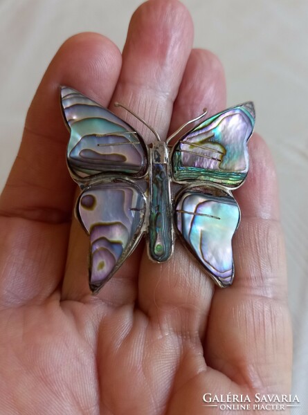Antique 4.5Cm mother of pearl signal butterfly brooch from Mexico 8.3Gm
