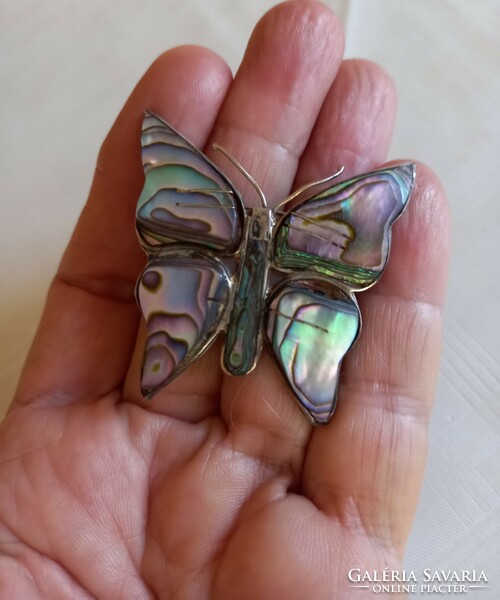 Antique 4.5Cm mother of pearl signal butterfly brooch from Mexico 8.3Gm