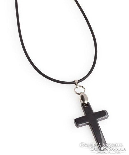 Unisex necklace with hematite mineral cross pendant, on a white and black chain. The pendant is very nice and shiny.
