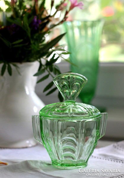 Art deco uranium glass, uranium green pipe glass, container, glass container with lid