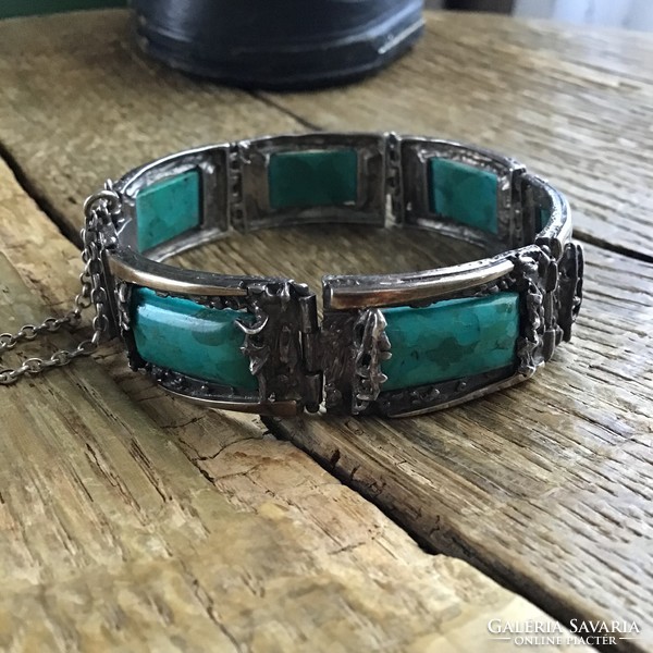 Old handmade gold decorated silver bracelet with turquoise stones