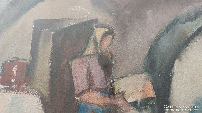 (K) Szignózott akvarell festmény falusi ház búboskemencével 42x53 cm kerettel