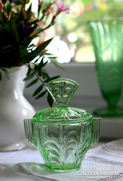 Art deco uranium glass, uranium green pipe glass, container, glass container with lid