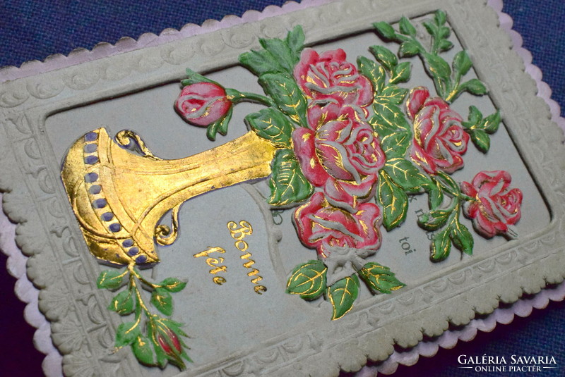 Antique embossed opening lace postcard in a gold vase with a bouquet of roses