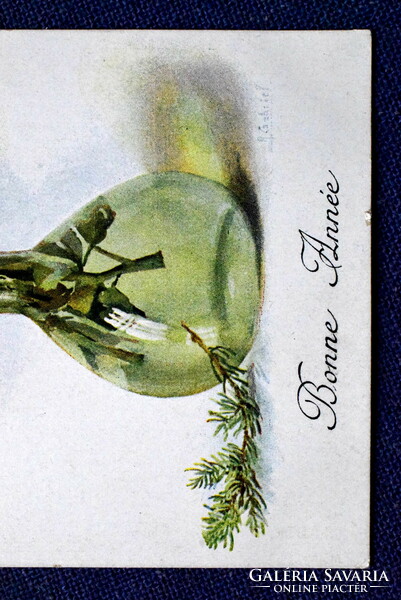Antik M Munk , Vienne Újévi üdvözlő liho képeslap téli csokor rózsával  művészlap