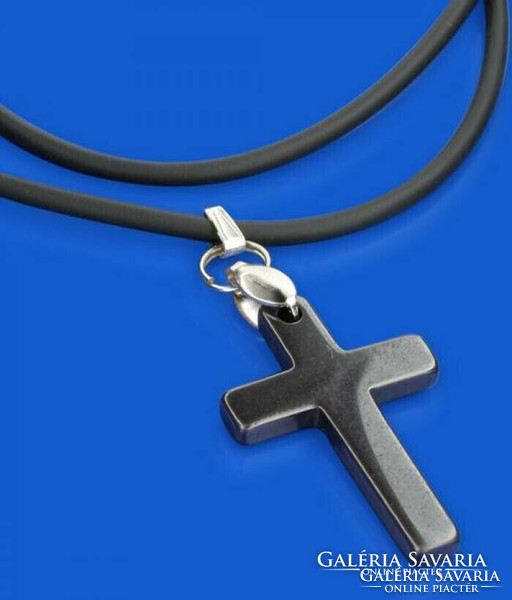 Unisex necklace with hematite mineral cross pendant, on a white and black chain. The pendant is very nice and shiny.