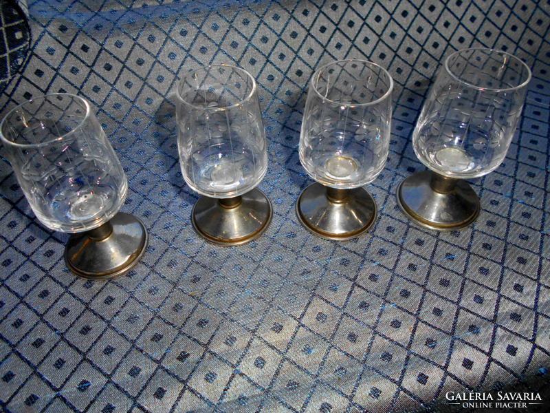 4 Pcs marked alpacca soles, a short drink glass with polished glass