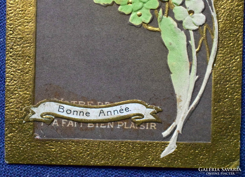 Antique embossed art nouveau litho greeting card in a stylized rose gold frame