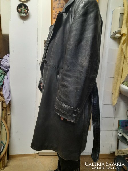 Original retro 1950s-60s long men's leather jacket. XL size.