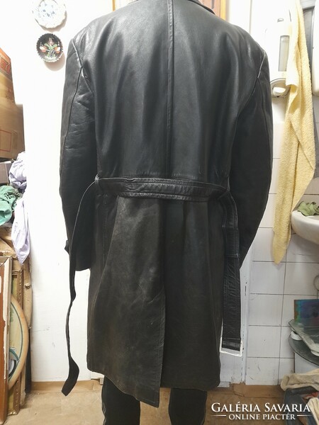 Original retro 1950s-60s long men's leather jacket. XL size.