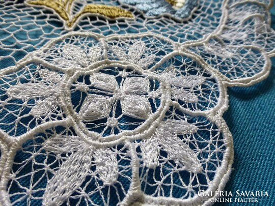 Kalocsa embroidered lace tablecloth blue and gold,Richelieu. A new, unique piece made to order