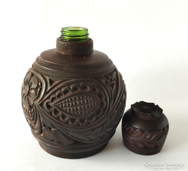 Hand-carved folk art wood - flask with glass insert, short drink holder