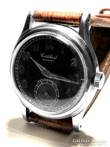 Cortebert sport with steel case, black dial, diameter: 32 mm without crown, factory dust cover, leather strap accurate