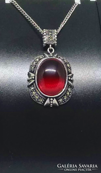 Red titanium crystal oval cabochon pendant, marcasite in silver-plated socket s28794
