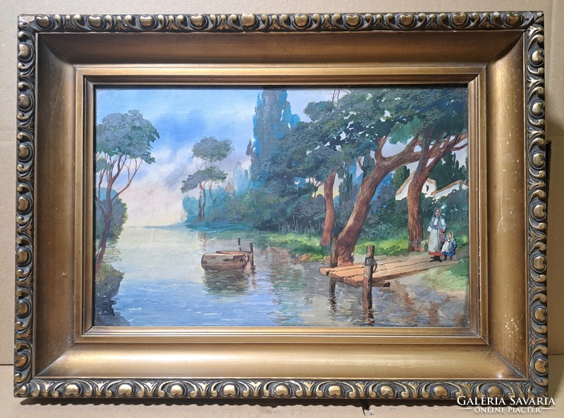 On the waterfront - old tempera painting in a frame