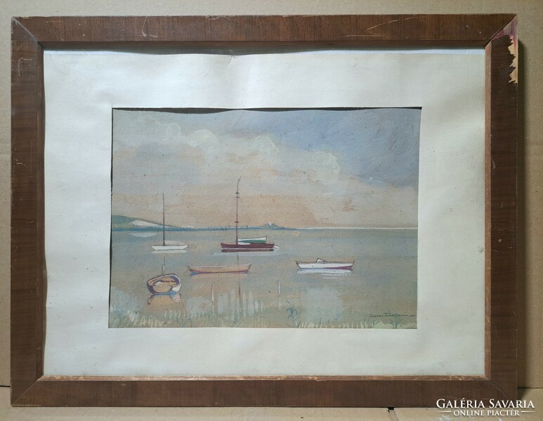 János Tóth Zalai: Balaton boats, 1955 - marked watercolor - artist from Zalaegerszeg
